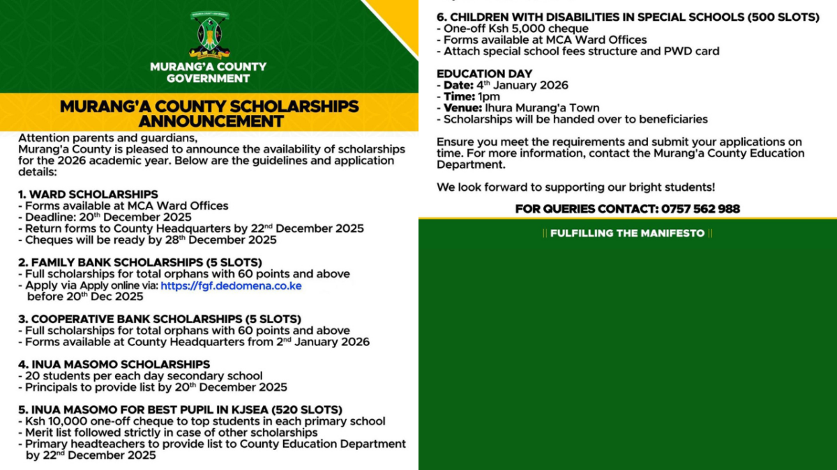 Murang’a County Scholarships 2026 – Categories, Eligibility & Deadlines
