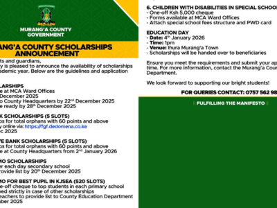Murang’a County Scholarships 2026 – Categories, Eligibility & Deadlines