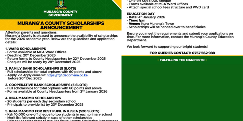Murang’a County Scholarships 2026 – Categories, Eligibility & Deadlines