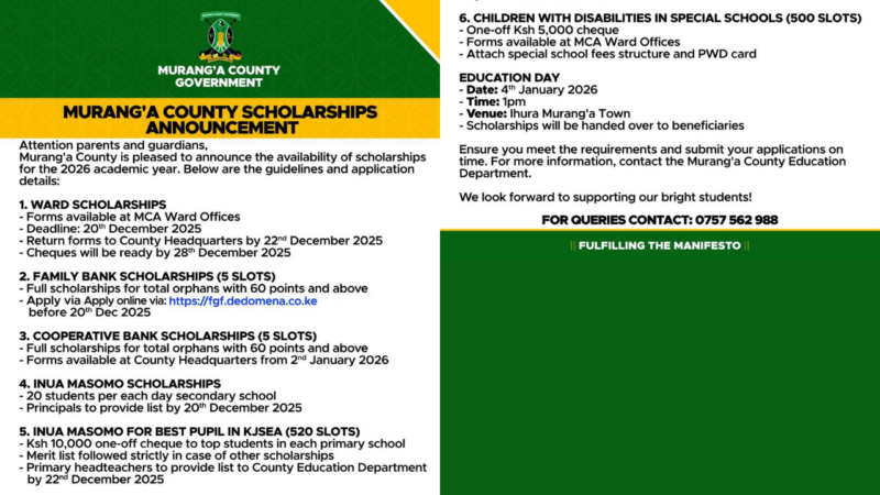 Murang’a County Scholarships 2026 – Categories, Eligibility & Deadlines