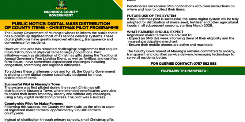 Murang’a County Launches Digital System for Mass Distribution of County Items