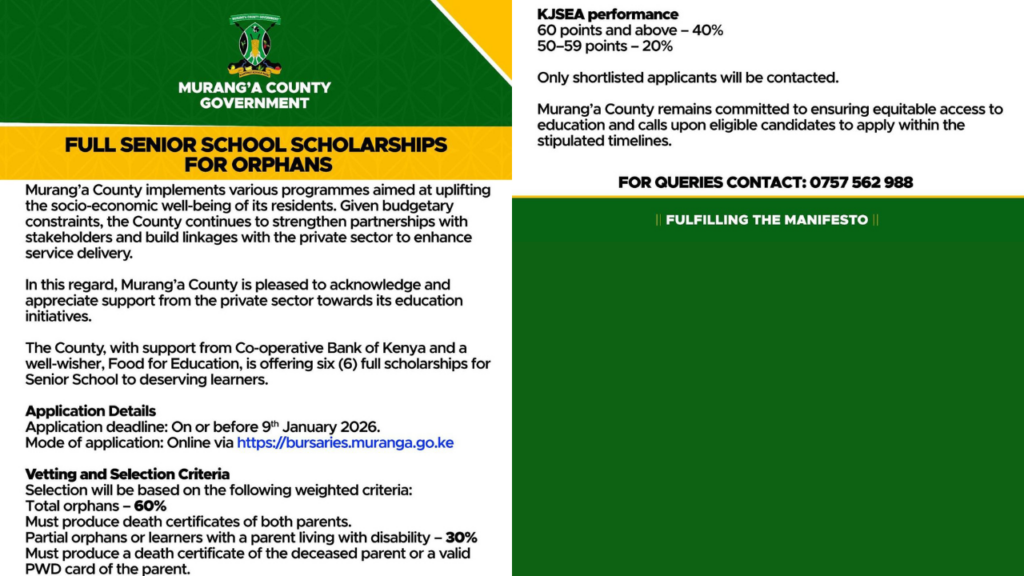 Murang’a County Rolls Out Full Senior School Scholarships for Orphans in 2026