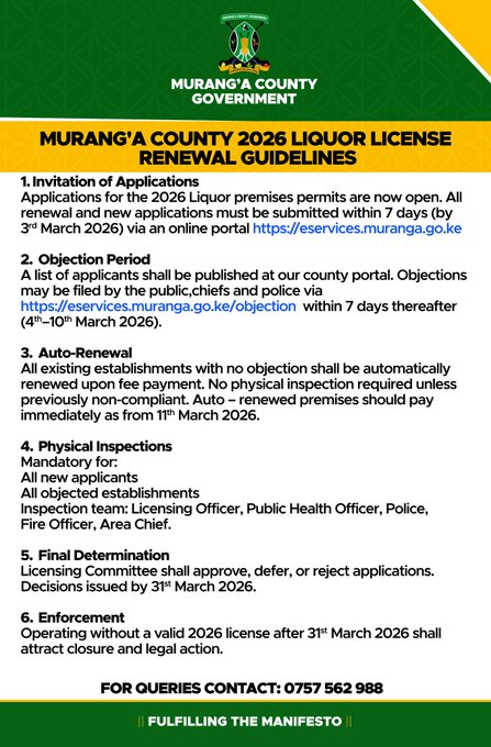Murang'a County Liquor License Renewal 2026